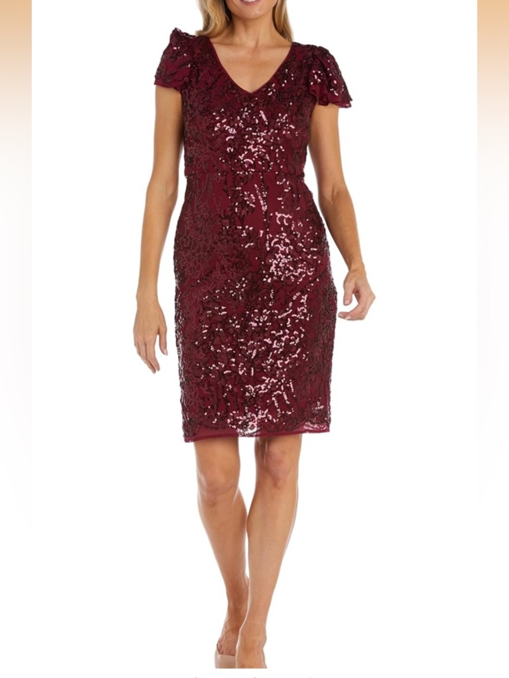 R&M Richards Women’s Burgundy Sequin V-Neck Cocktail Dress Sz 10p